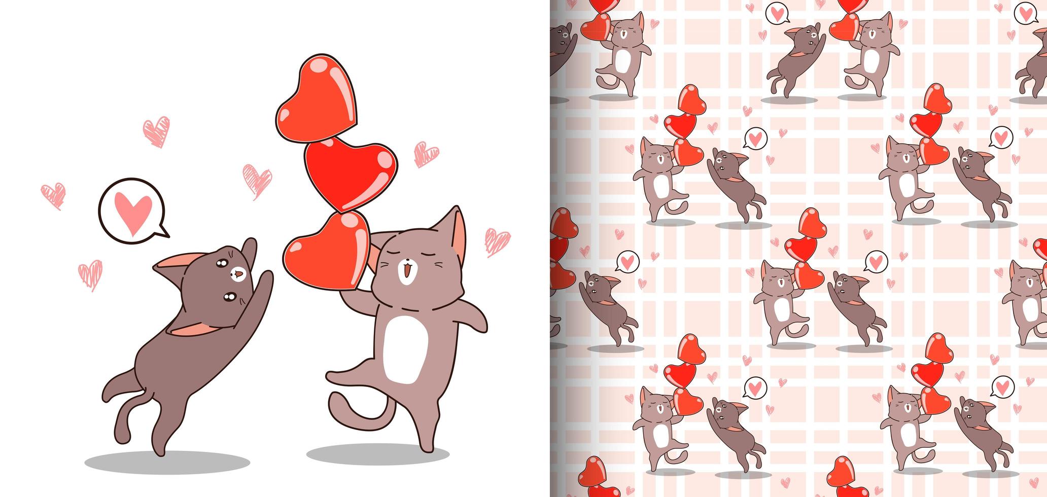 naadloze patroon kawaii kat met 3 harten met vriend vector