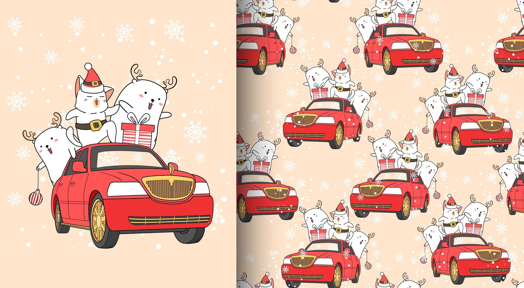 naadloze patroon kawaii santa kat en vriend met auto vector