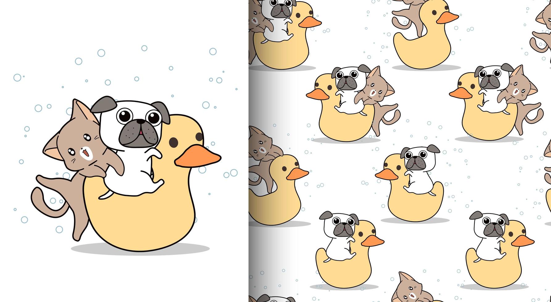 naadloze patroon kawaii kat en hond rijden ducky pop vector