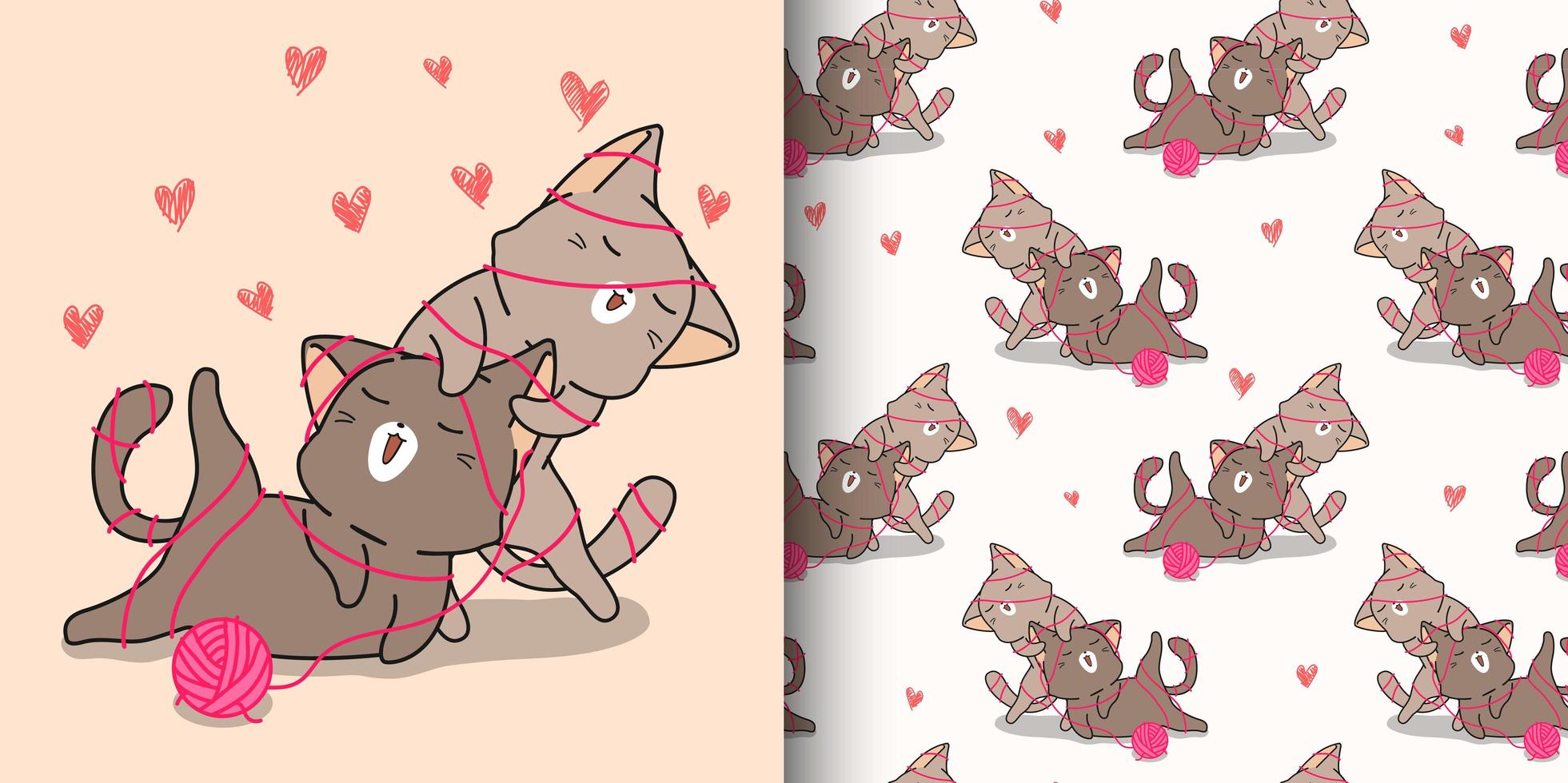 naadloze patroon kawaii katten liefdevol en verstrikt in garen vector