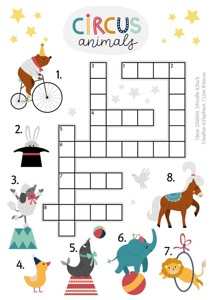 vector circus kruiswoordraadsel puzzel voor kinderen. gemakkelijk amusement tonen quiz met grappig dier artiesten voor kinderen. leerzaam werkzaamheid met leeuw, beer, konijn, poedel. festival kruis woord