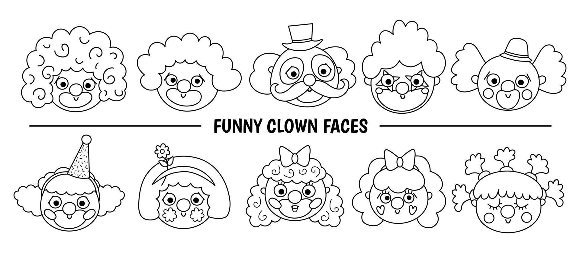 vector reeks met clown gezichten. circus artiesten avatars clip art. amusement vakantie pictogrammen pak. schattig grappig festival tekens klem kunst. straat tonen komieken illustratie