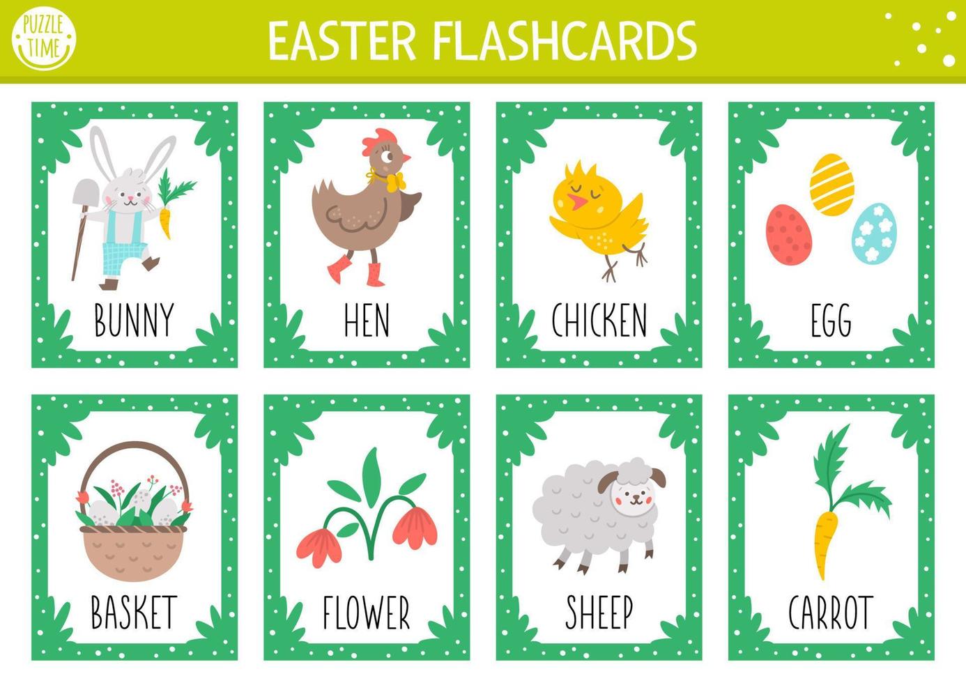 vector Pasen flash kaarten set. Engels taal spel met schattig konijn, kip, kip, Pasen eieren voor kinderen. voorjaar vakantie flashcards met grappig karakters. gemakkelijk leerzaam afdrukbare werkblad.
