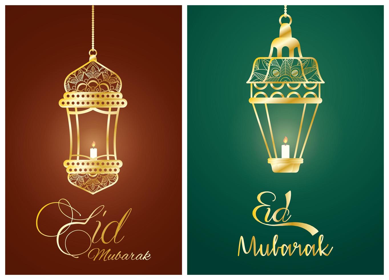 eid mubarak feest poster set met hangende lampen vector