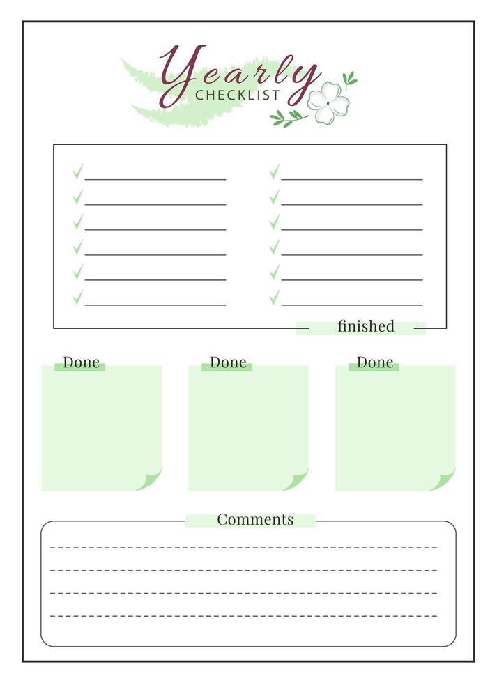 jaarlijkse checklist minimalistische planner pagina-ontwerp vector