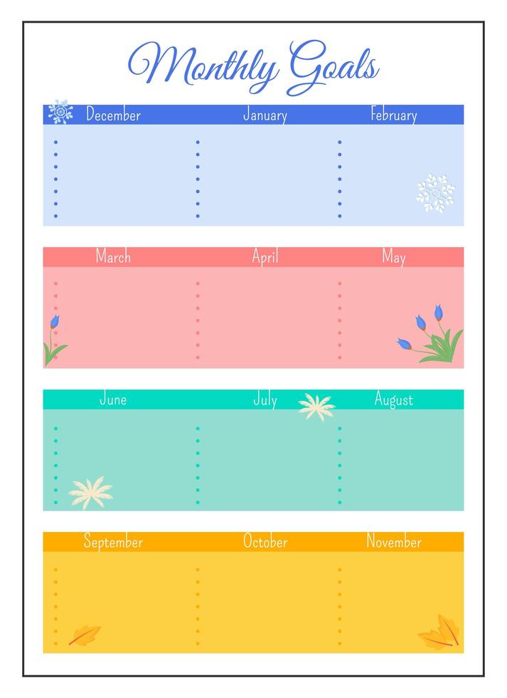 maandelijkse doelen raster creatieve planner pagina-ontwerp vector