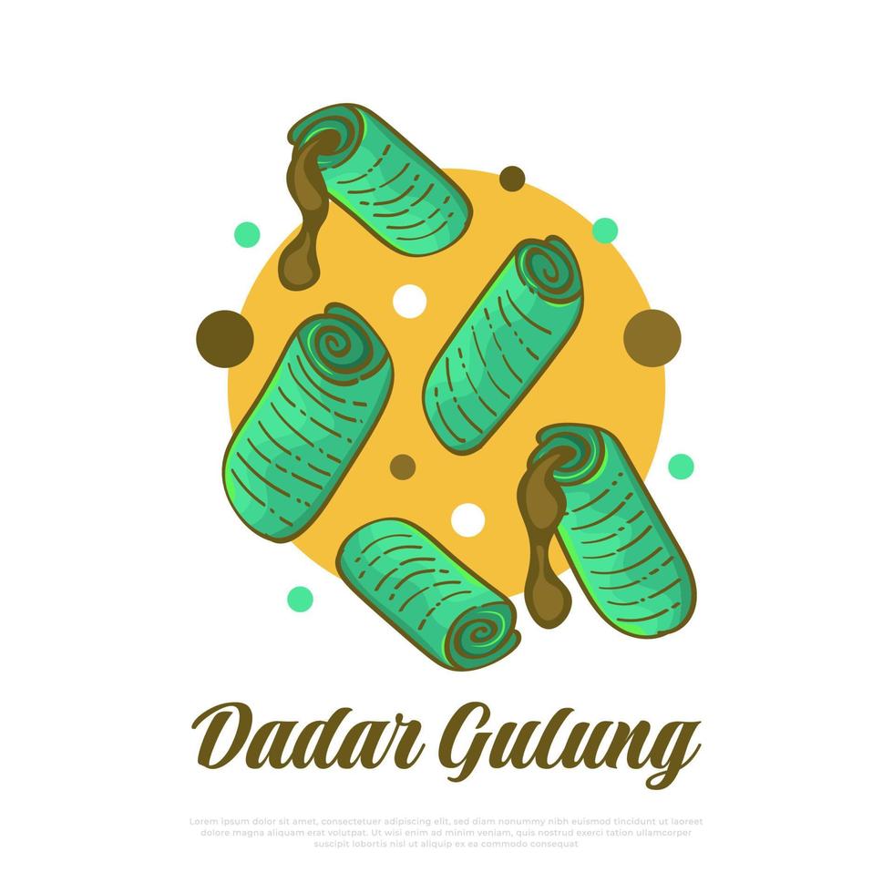 hand- getrokken Indonesisch traditioneel voedsel genaamd dadar gulung. Indonesisch tussendoortje, zoet pannenkoek broodjes gevulde met geraspt kokosnoot vector