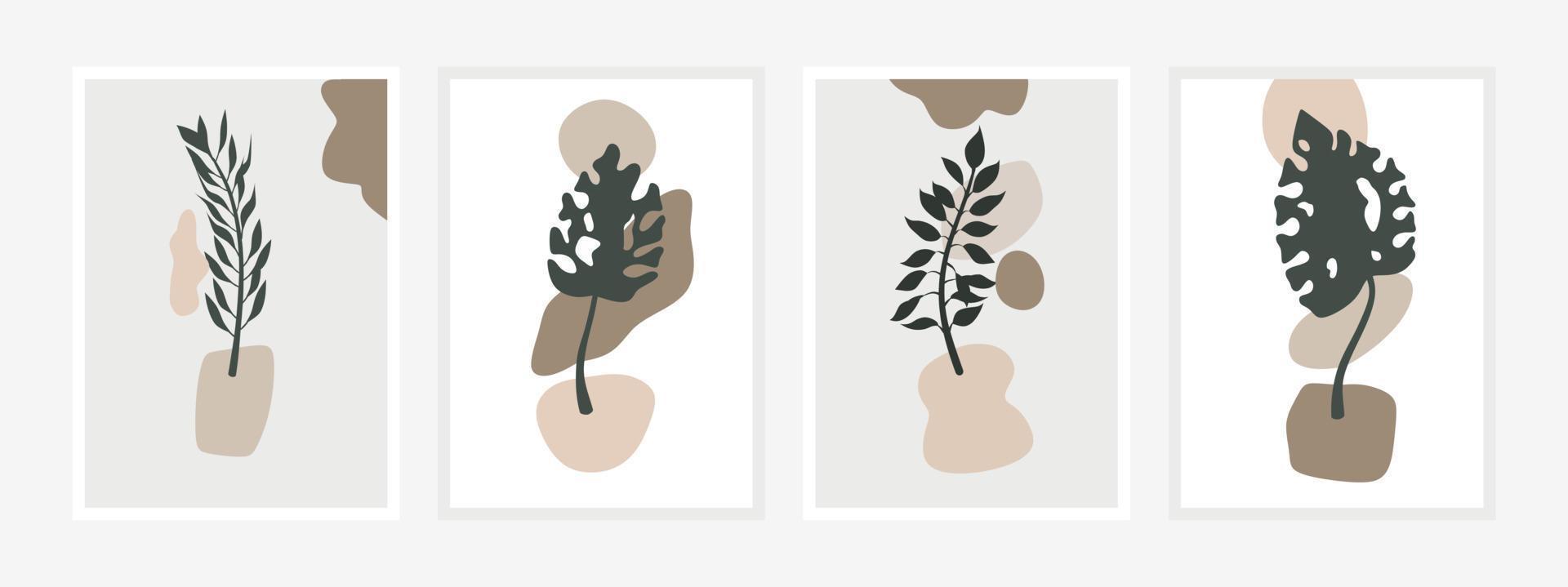 botanische muur kunst vector set. gebladerte lijntekeningen tekenen met abstracte vorm. abstract plant art design voor print, cover, behang, minimale en natuurlijke kunst aan de muur. vectorillustratie.