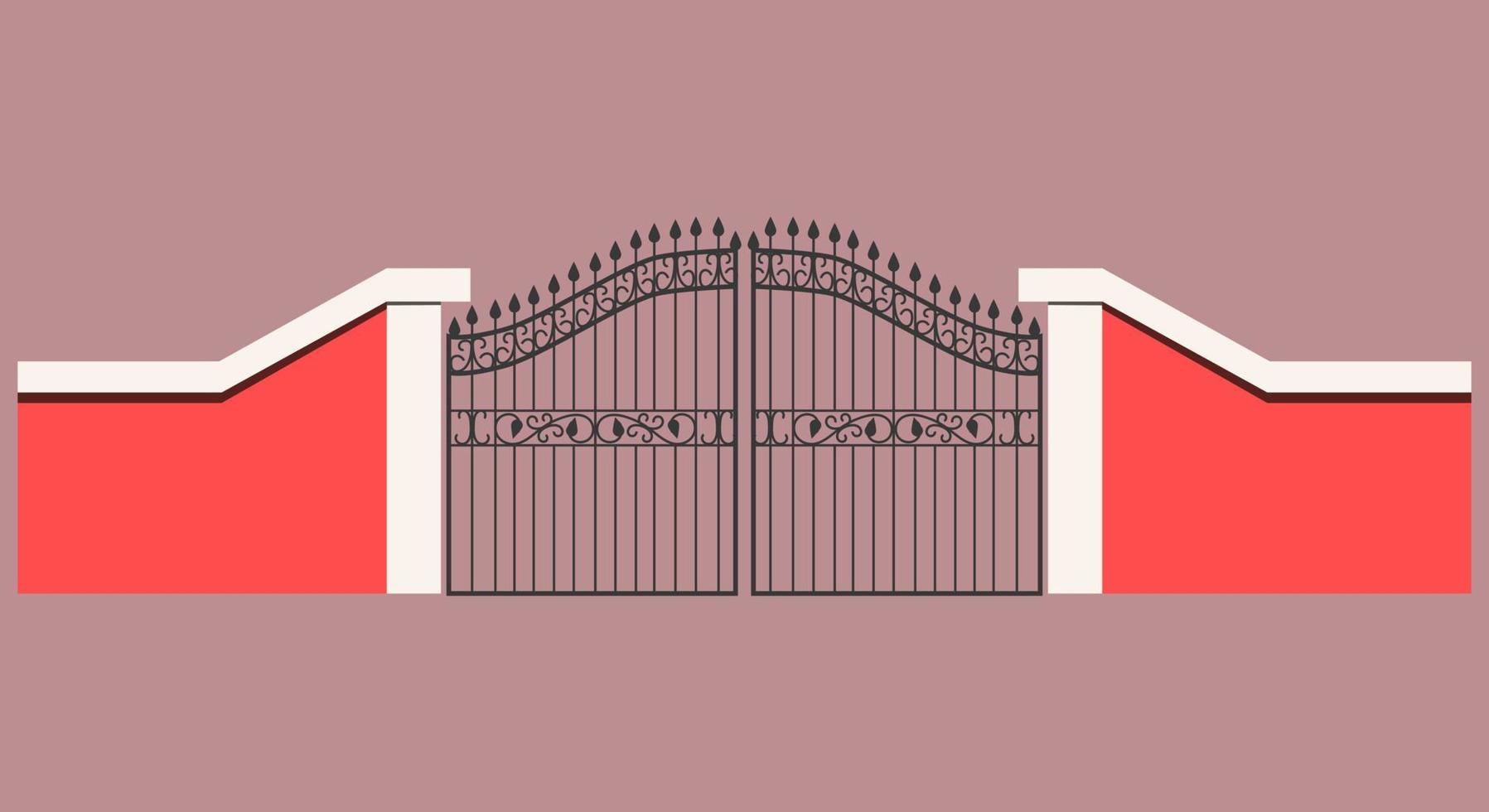 de nagemaakt Ingang poort is gemaakt van roze cement muur. gips ijzer smeden met afrondingen en stekels. vector illustratie. een groot metaal deur net zo een Ingang poort.