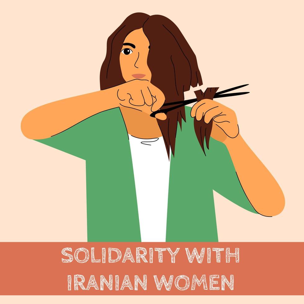 meisje besnoeiing haar- voor solidariteit met Iraans Dames protest voor vrijheid. Dames Verbondenheid tegen geweld discriminatie in iran. Internationale ondersteuning voor menselijk rechten allemaal de wereld. vector illustratie.