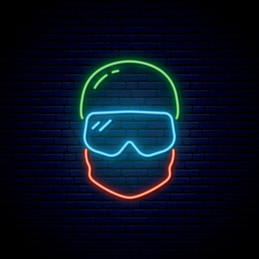 neon snowboarder icoon. gloeiend snowboarder in hoed en masker. winter sport embleem. vector illustratie in neon stijl.