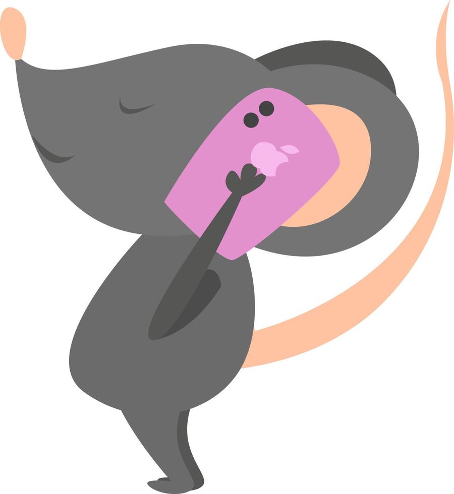 muis met telefoon, illustratie, vector Aan wit achtergrond.