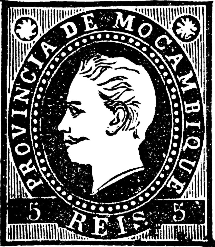 Mozambique 5 Reis stempel, 1886, wijnoogst illustratie vector