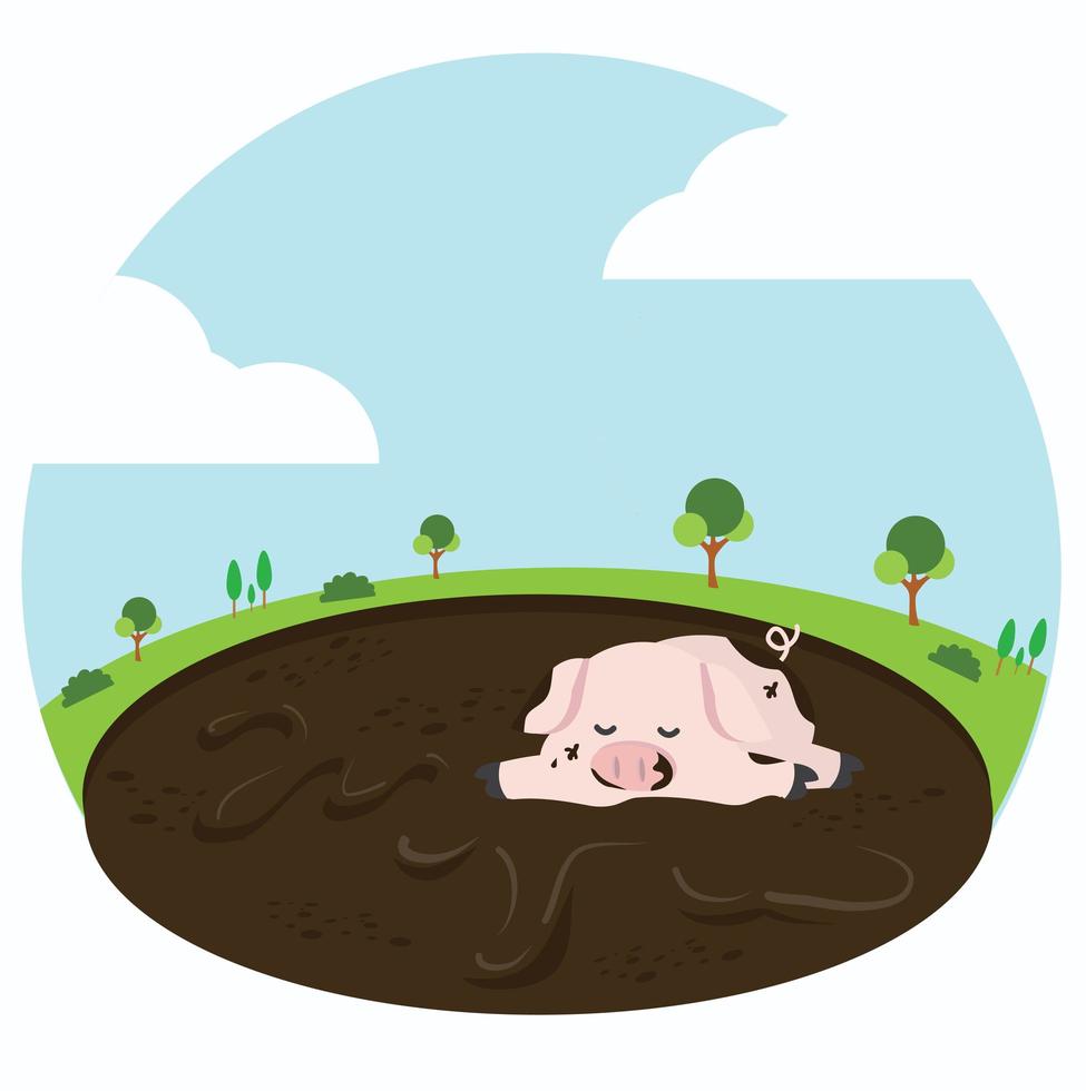 klein varken spelen in een modderpoel vector