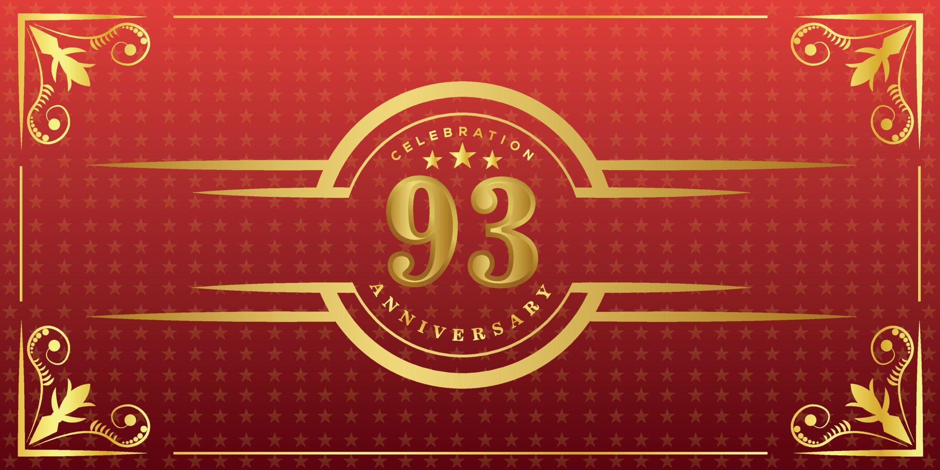 93ste verjaardag logo met gouden ring, confetti en goud grens geïsoleerd Aan elegant rood achtergrond, fonkeling, vector ontwerp voor groet kaart en uitnodiging kaart