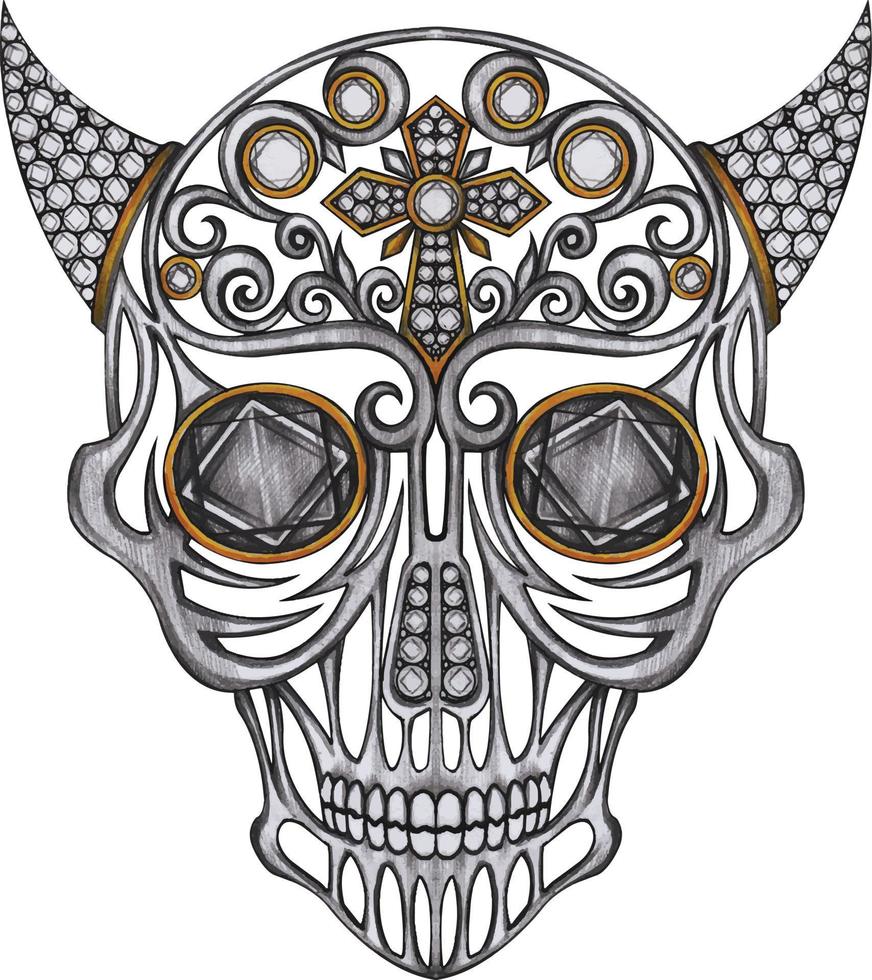 kunst luxe duivel schedel mengen diamant. hand- tekening en maken grafisch vector. vector