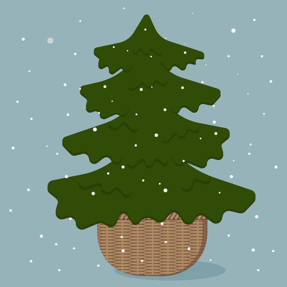 Kerstmis boom in een mand Aan een blauw achtergrond onder vallend sneeuw vector