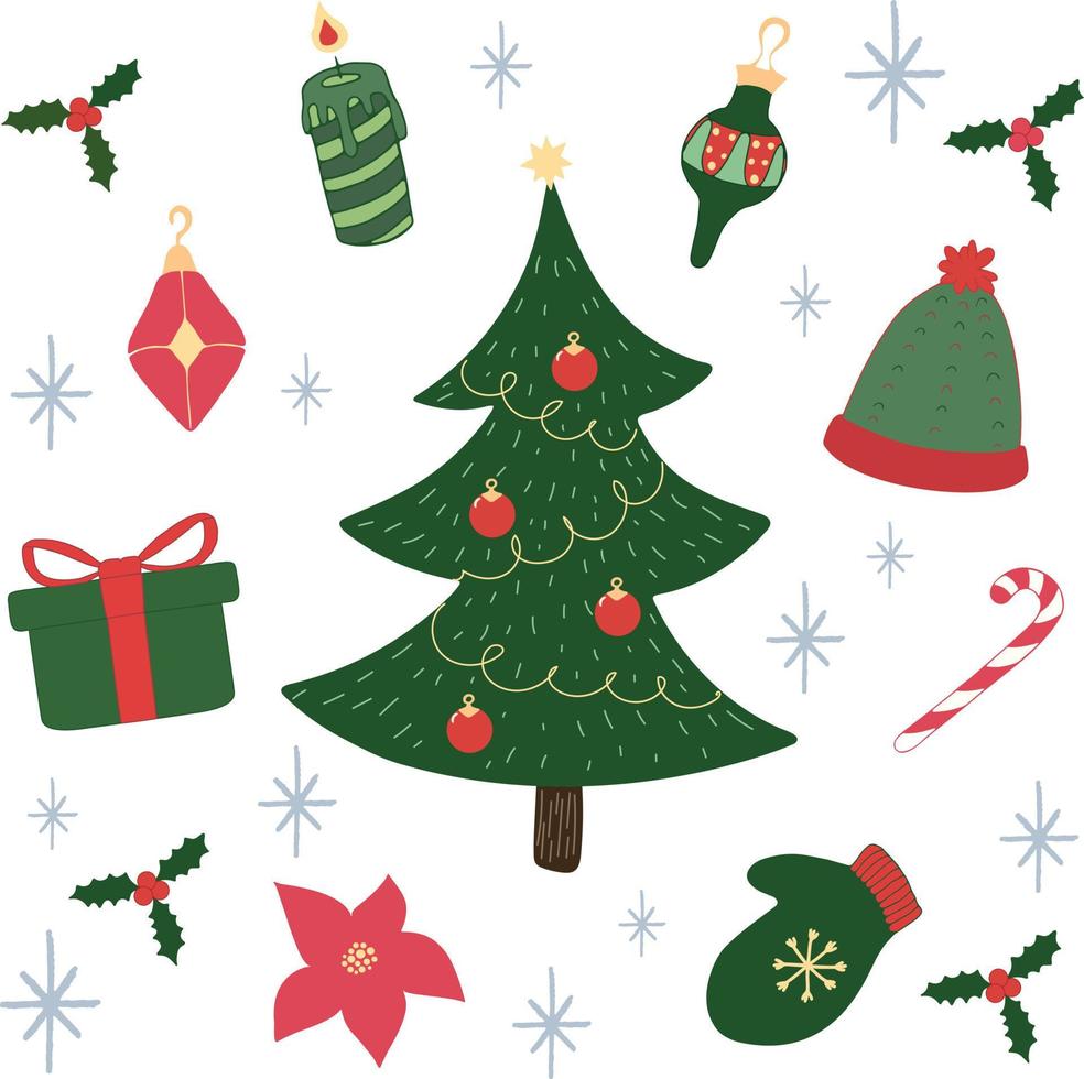 Kerstmis luxe attributen in groen en rood kleuren. Kerstmis feestelijk set. hand- getrokken elementen. vector kunst
