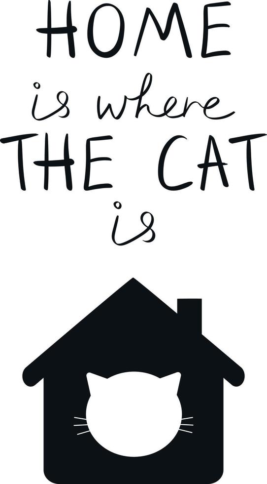 huis is waar de kat is belettering met huis schets en van katten hoofd in het. grappig citaat. gemakkelijk zwart vector kunst. met liefde naar uw huisdier