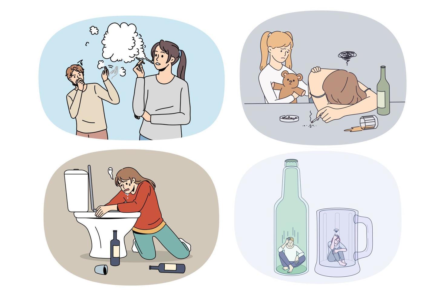 reeks van mensen worstelen met verslavingen. verzameling van mannen en Dames lijden van medicijn, alcohol of roken verslavend gedrag. gezondheidszorg en slecht gewoonte. vlak vector illustratie.