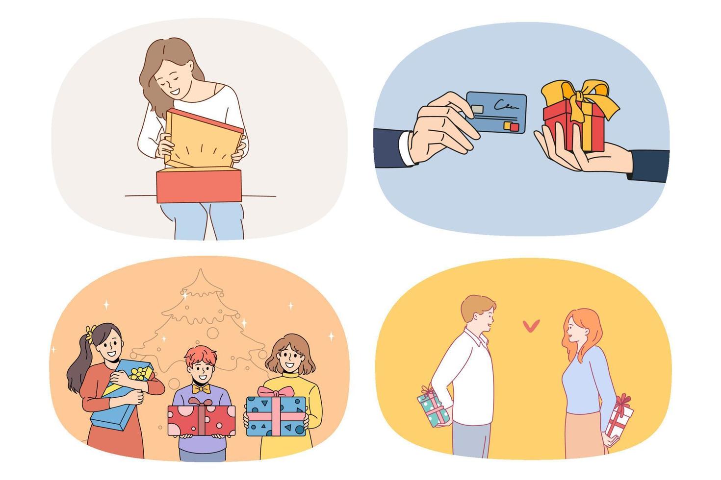 reeks van gelukkig mensen krijgen en geven presenteert Aan verjaardag verjaardag. verzameling van glimlachen mannen en Dames uitwisseling cadeaus feliciteren begroeten Aan speciaal gelegenheid. vlak vector illustratie.