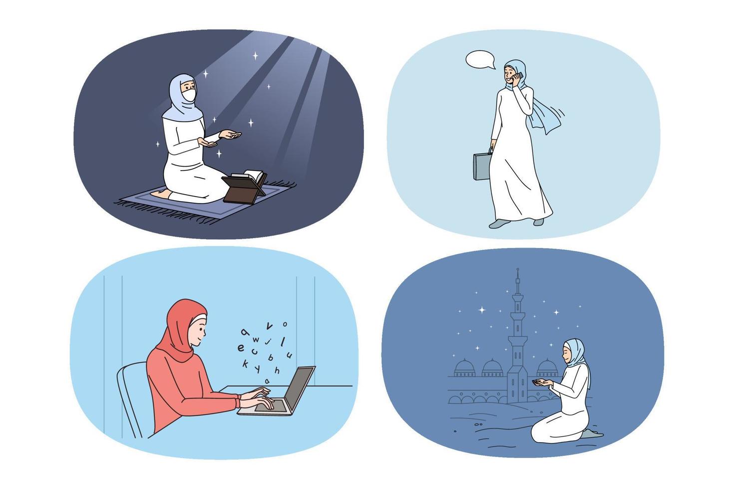 reeks van Arabisch vrouw in traditioneel kleren in dagelijks leven. verzameling van Arabisch vrouw in hijab werk Aan computer en bidden naar Allah. Arabisch gemeenschap en geloof. vlak vector illustratie.