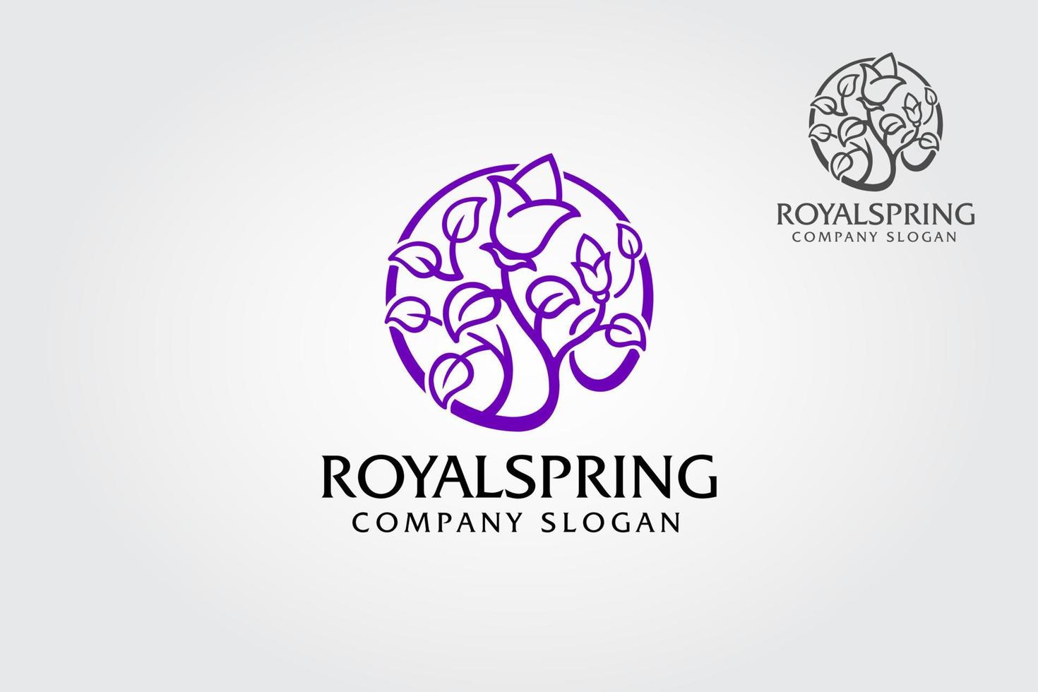 Koninklijk voorjaar vector logo illustratie. creatief logo sjabloon is stijlvol, boom met bladeren en bloem de vorm van de cirkel. het symboliseren lente, natuurlijk groei en leven stroom.