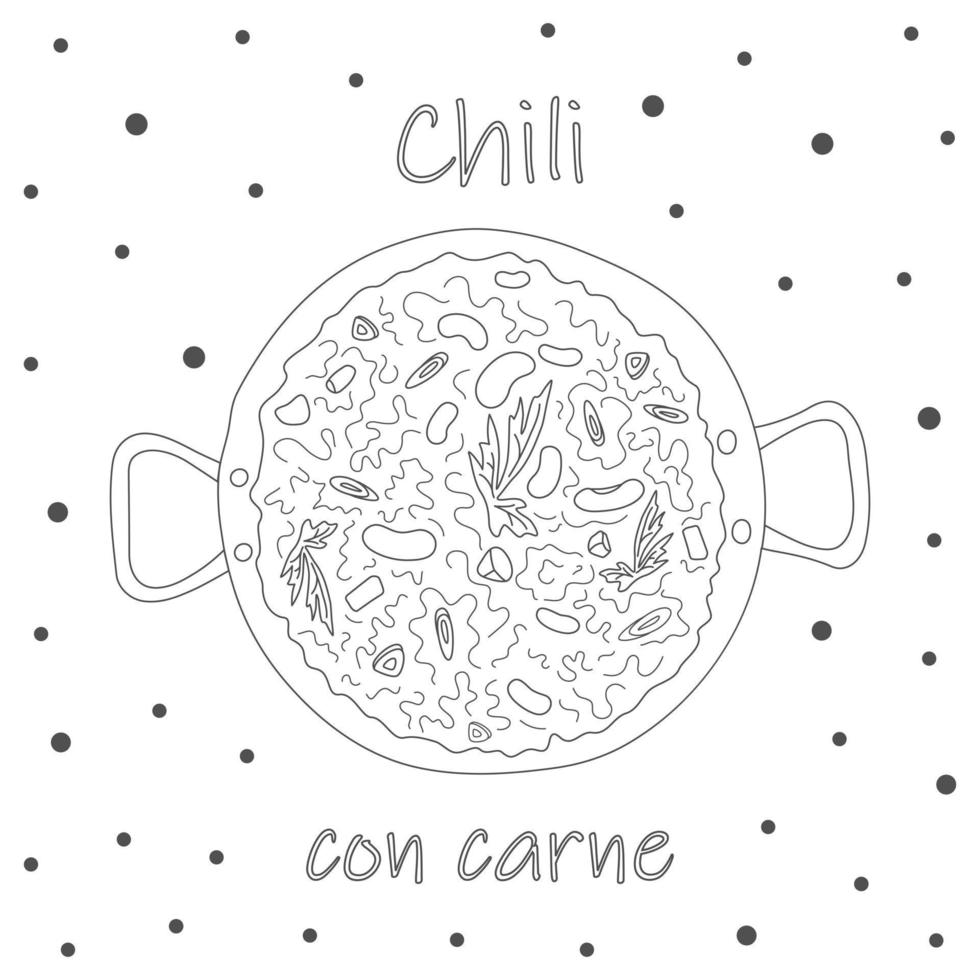 Chili con carne in groot pot met belettering en decoratief element. Latijns Amerikaans en Mexicaans voedsel. vector