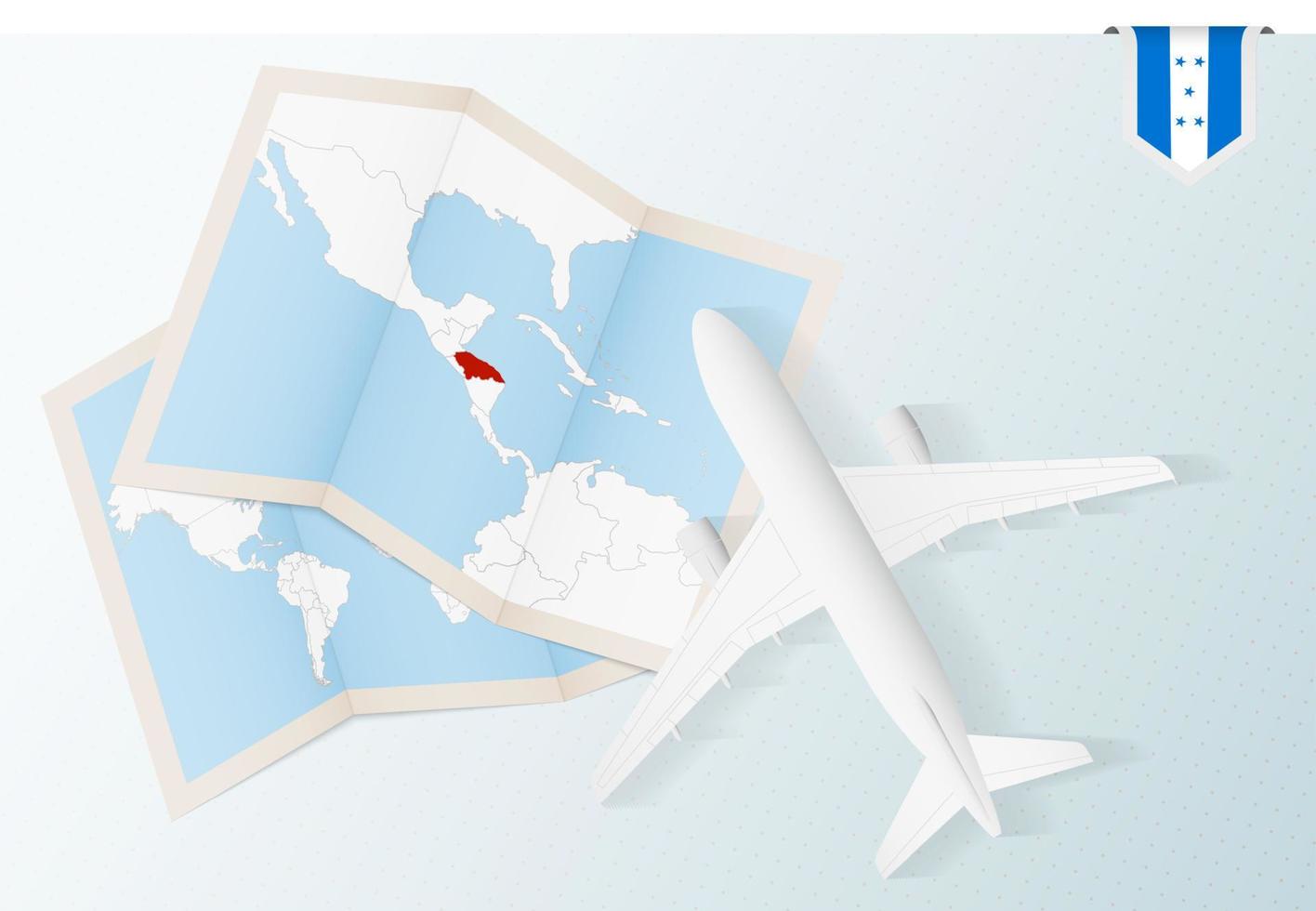 reizen naar Honduras, top visie vliegtuig met kaart en vlag van Honduras. vector