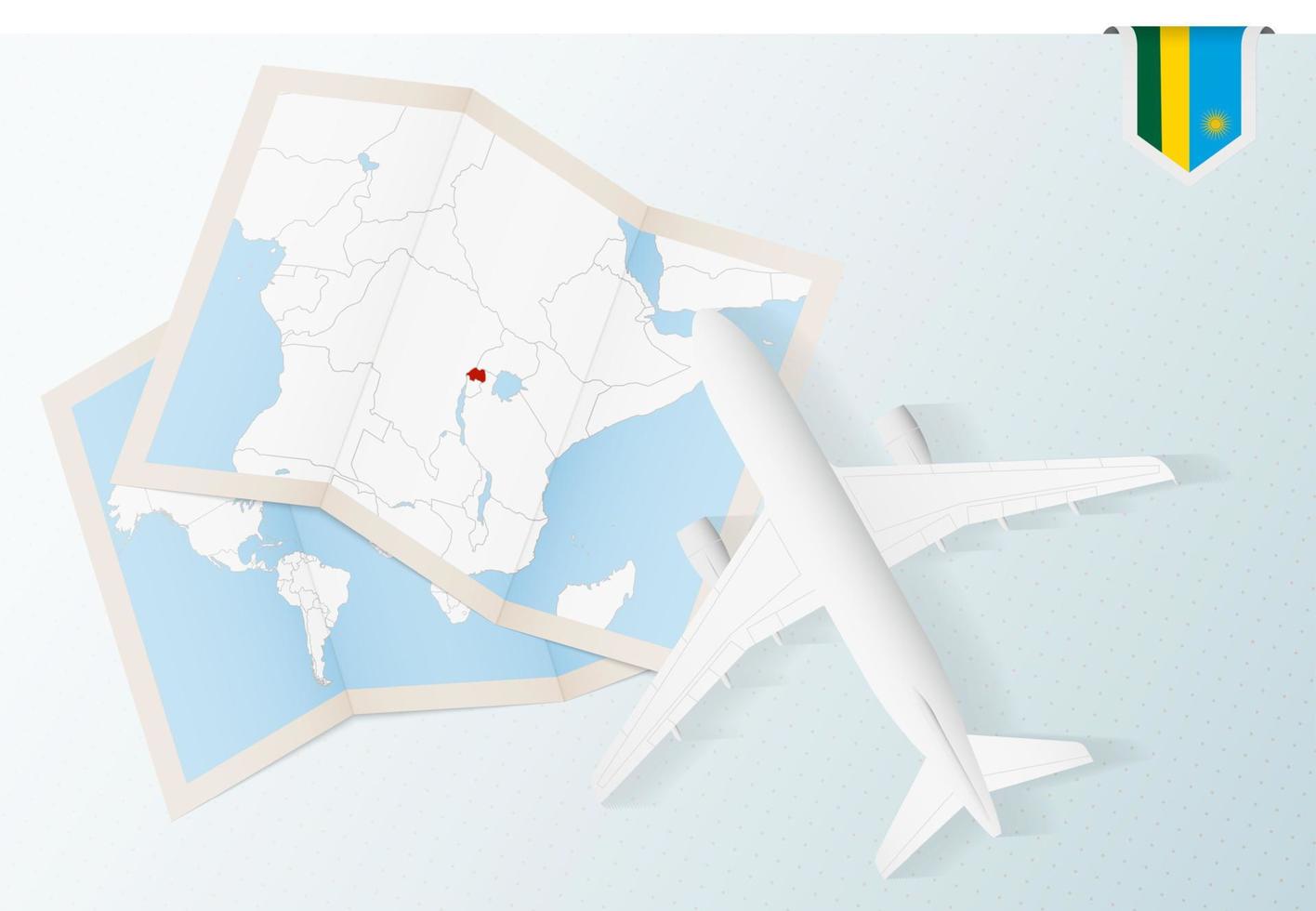 reizen naar rwanda, top visie vliegtuig met kaart en vlag van rwanda. vector