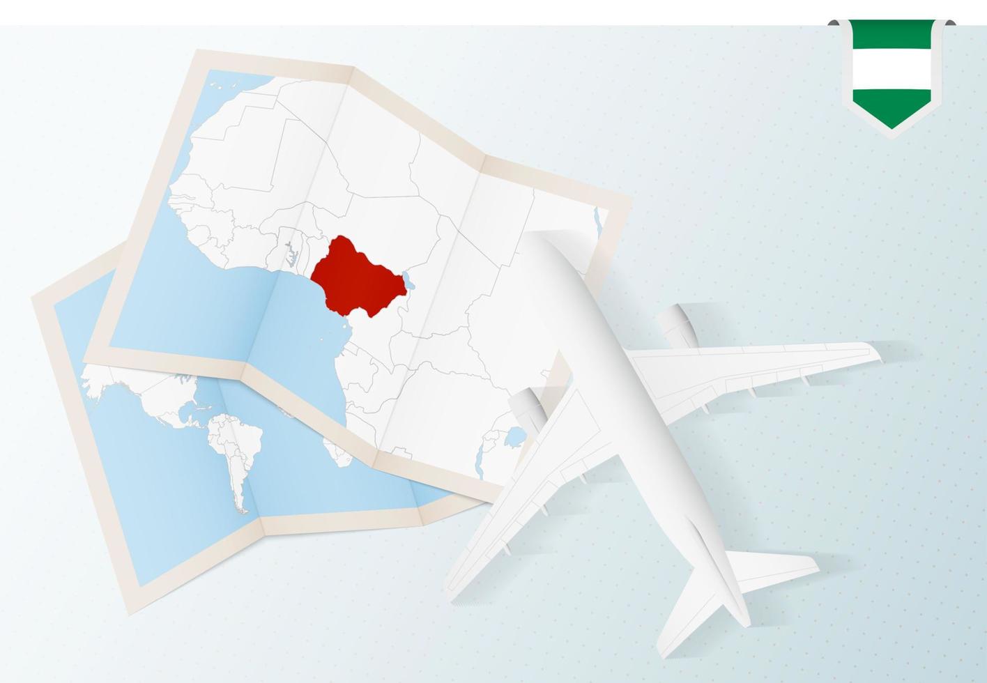 reizen naar nigeria, top visie vliegtuig met kaart en vlag van nigeria. vector