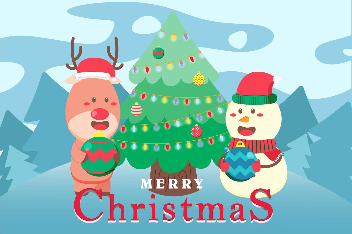 vrolijk kerstfeest achtergrond met herten en sneeuwpop vector
