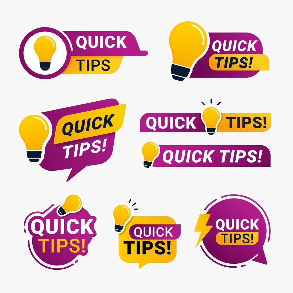 snelle tips badges met gele gloeilamp pictogrammen vector