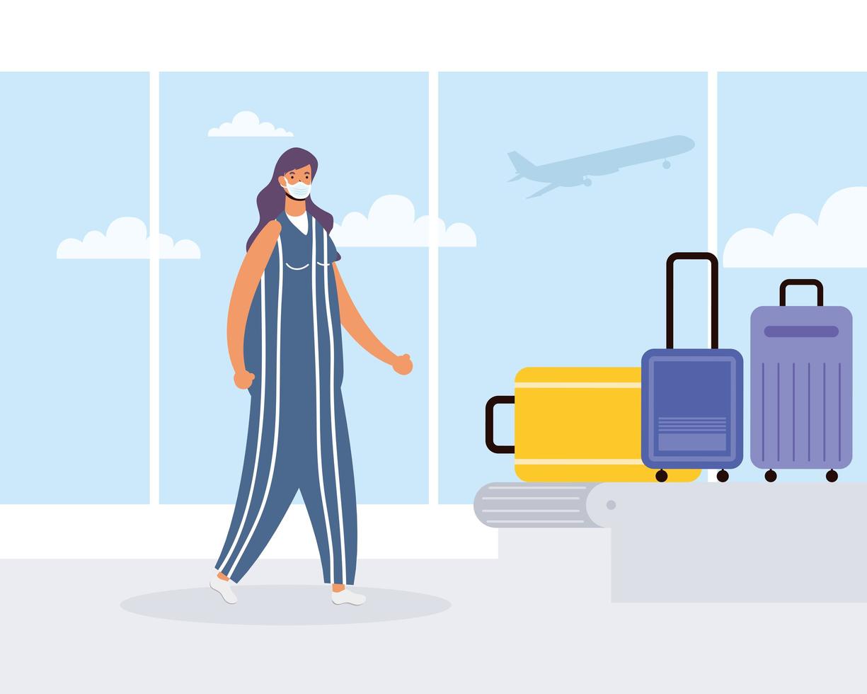 vrouw op de luchthaven met de bagageband vector