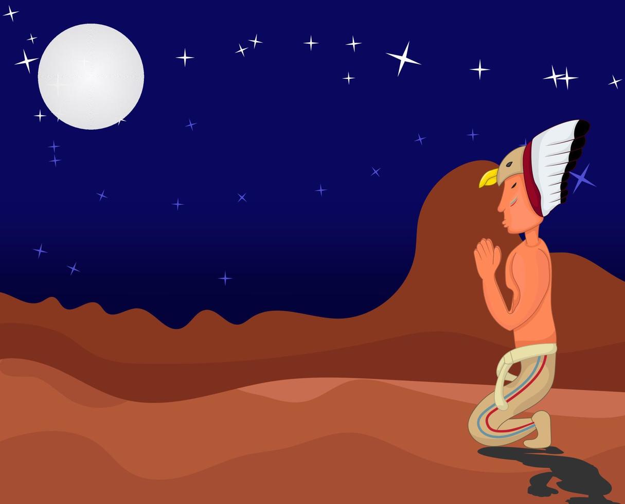 Indisch inheems Amerikaans, inheems Amerikaans mensen zijn bidden Bij nacht, wanneer de maan is helder en de sterren zijn verspreide vector