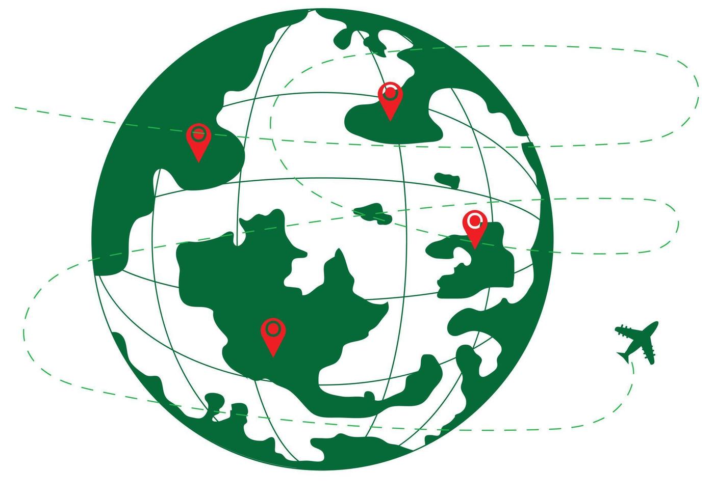 groen wereld kaart met stippel lijnen en vliegtuigen concepten, exploratie en reizen in de omgeving van de wereld met Doorzichtig doelen en bestemmingen. vector