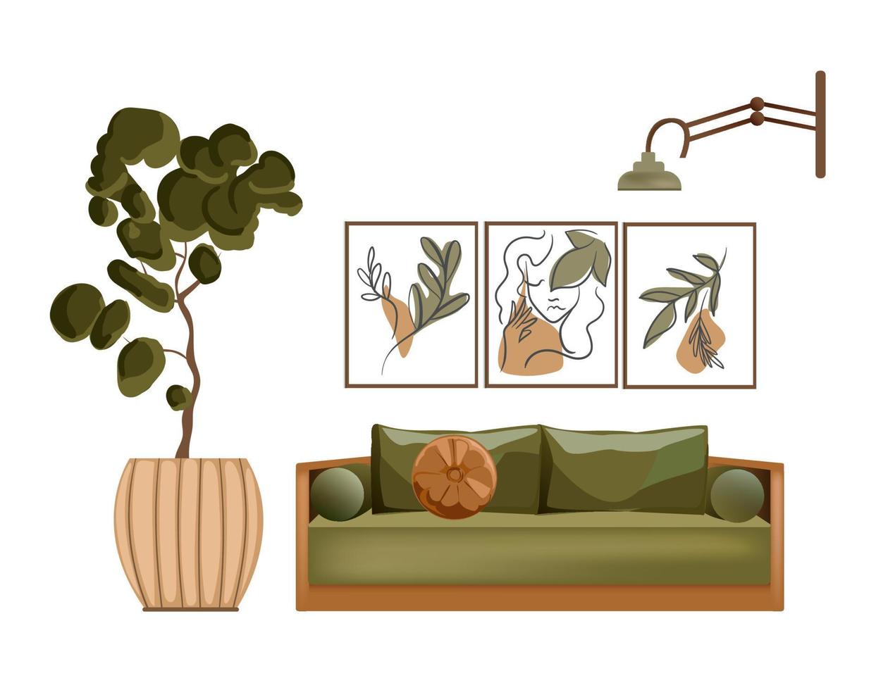 meubilair voor de interieur. boho stijl, groen bank, pot met bloem, dump en schilderijen. geïsoleerd voorwerpen Aan een wit achtergrond. vector