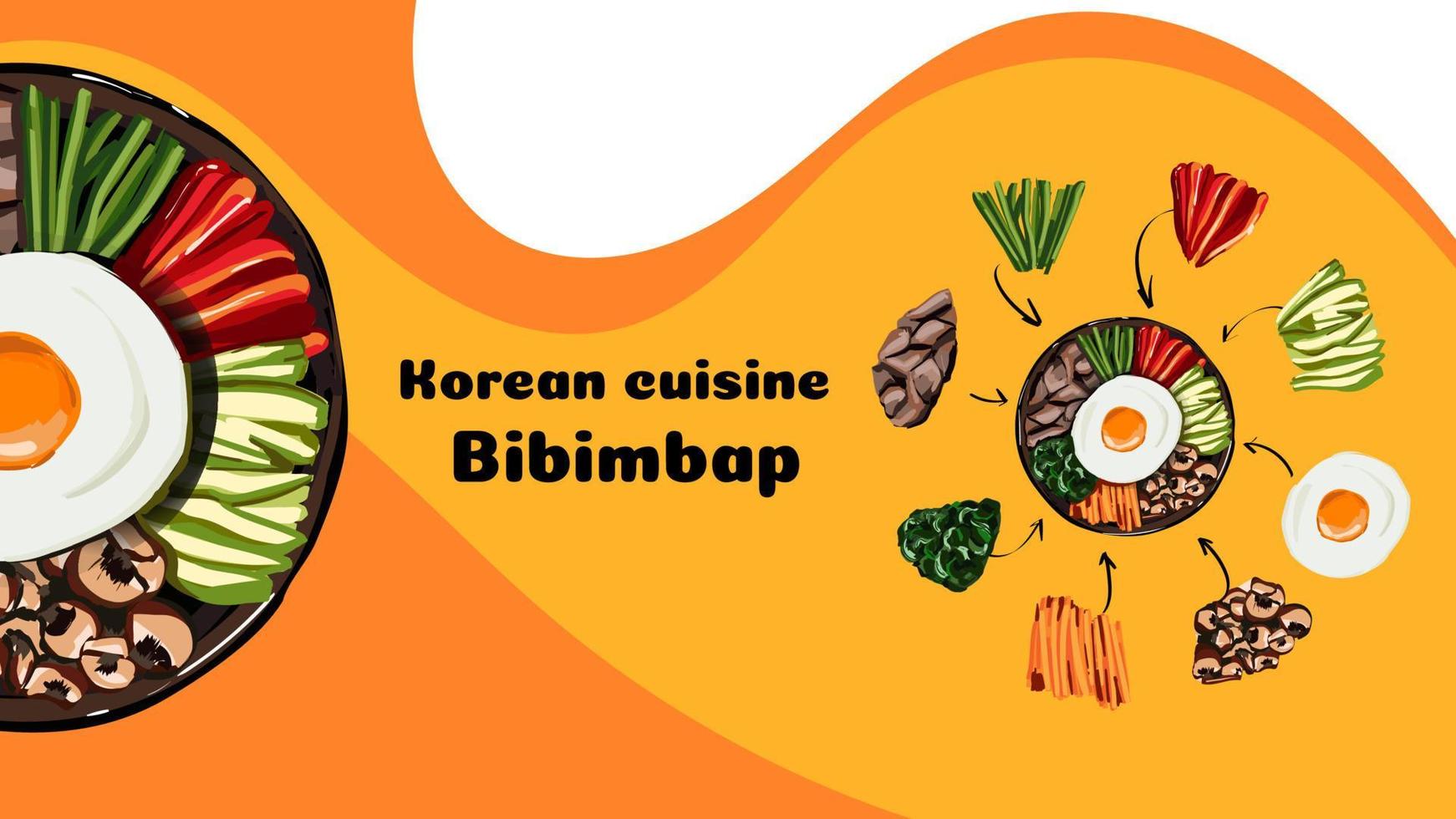Koreaans voedsel, gemengd rijst- bibimbab Aan wit achtergrond. illustratie voor restaurant menu. top visie. vector illustratie, web bladzijde sjabloon.