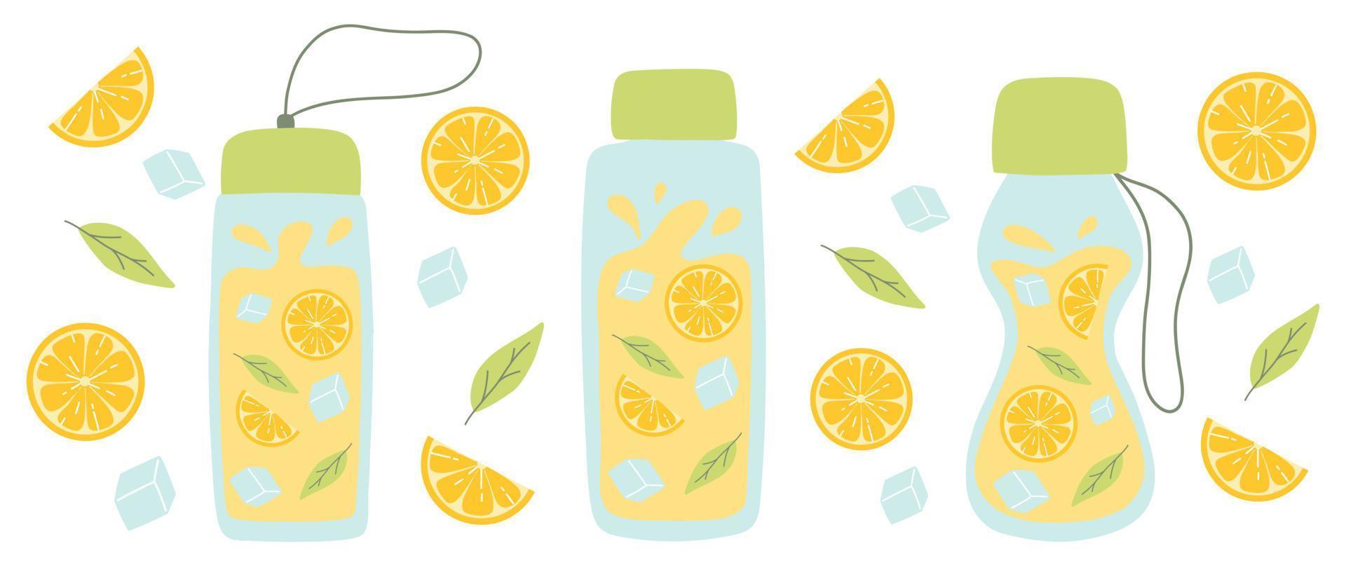 reeks van flessen met limonade. verzameling van koel limonades met citroen plakjes, munt en ijs. vector illustratie geïsoleerd Aan wit achtergrond. vlak stijl.