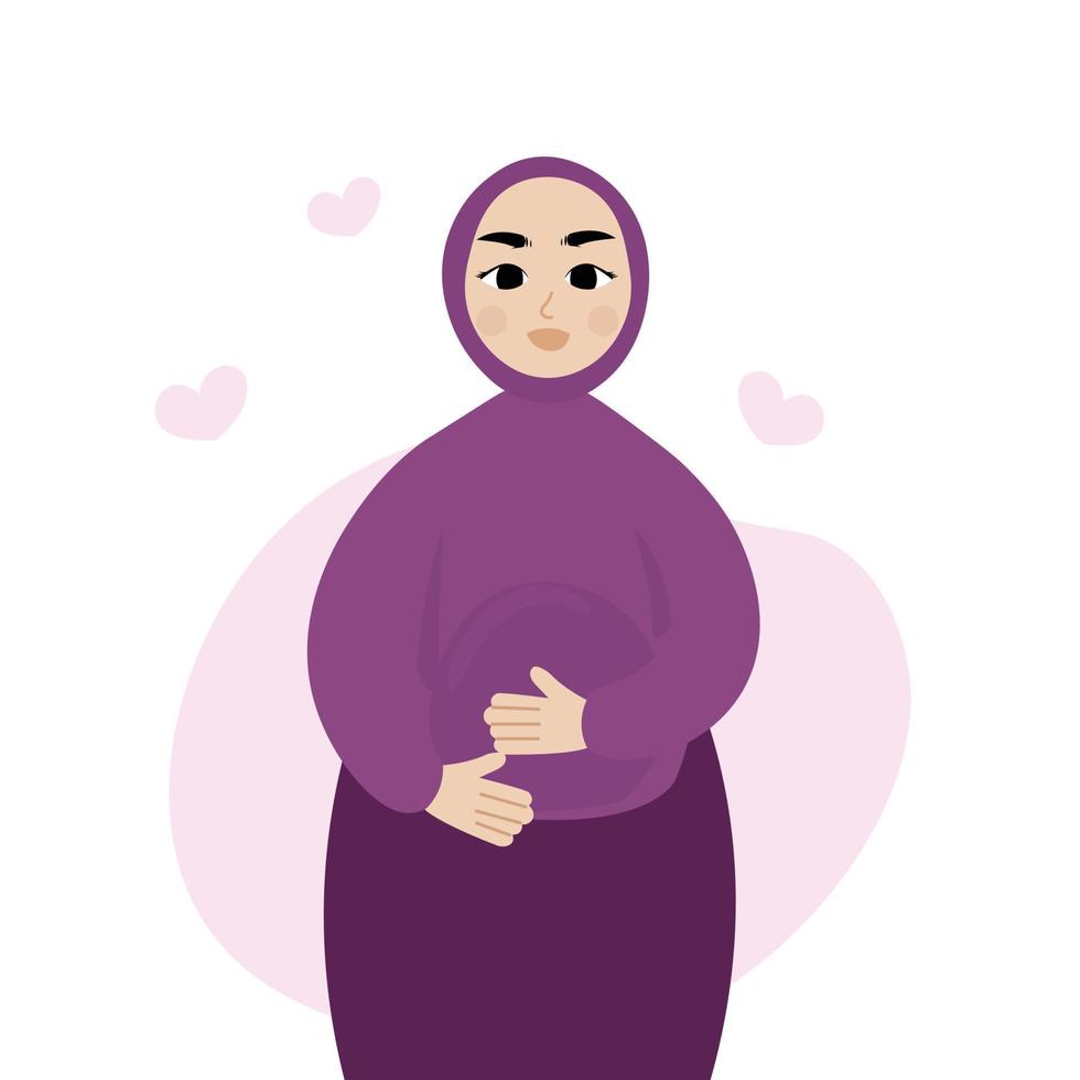 zwanger moslim vrouw in hijab in laatste maand van zwangerschap. moeder aan het wachten voor baby geboorte. vector