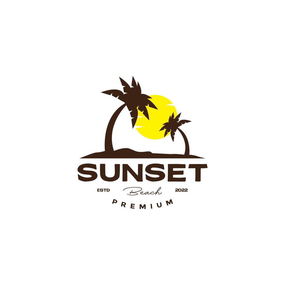 zonsondergang strand met kokosnoot bomen wijnoogst logo ontwerp vector