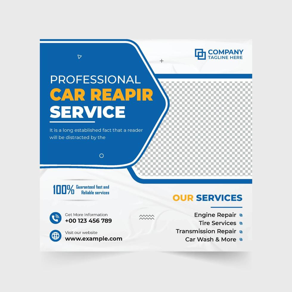 voertuig reparatie bedrijf advertentie sjabloon vector voor sociaal media marketing. auto onderhoud onderhoud promotionele poster ontwerp met blauw en geel kleuren. auto- bedrijf advertentie.