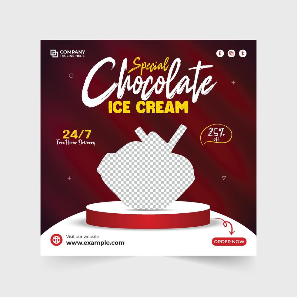 speciaal chocola ijs room advertentie web banier ontwerp voor marketing. toetje en snoepgoed sociaal media poster vector met donker en geel kleuren. ijs room Promotie sjabloon voor digitaal afzet