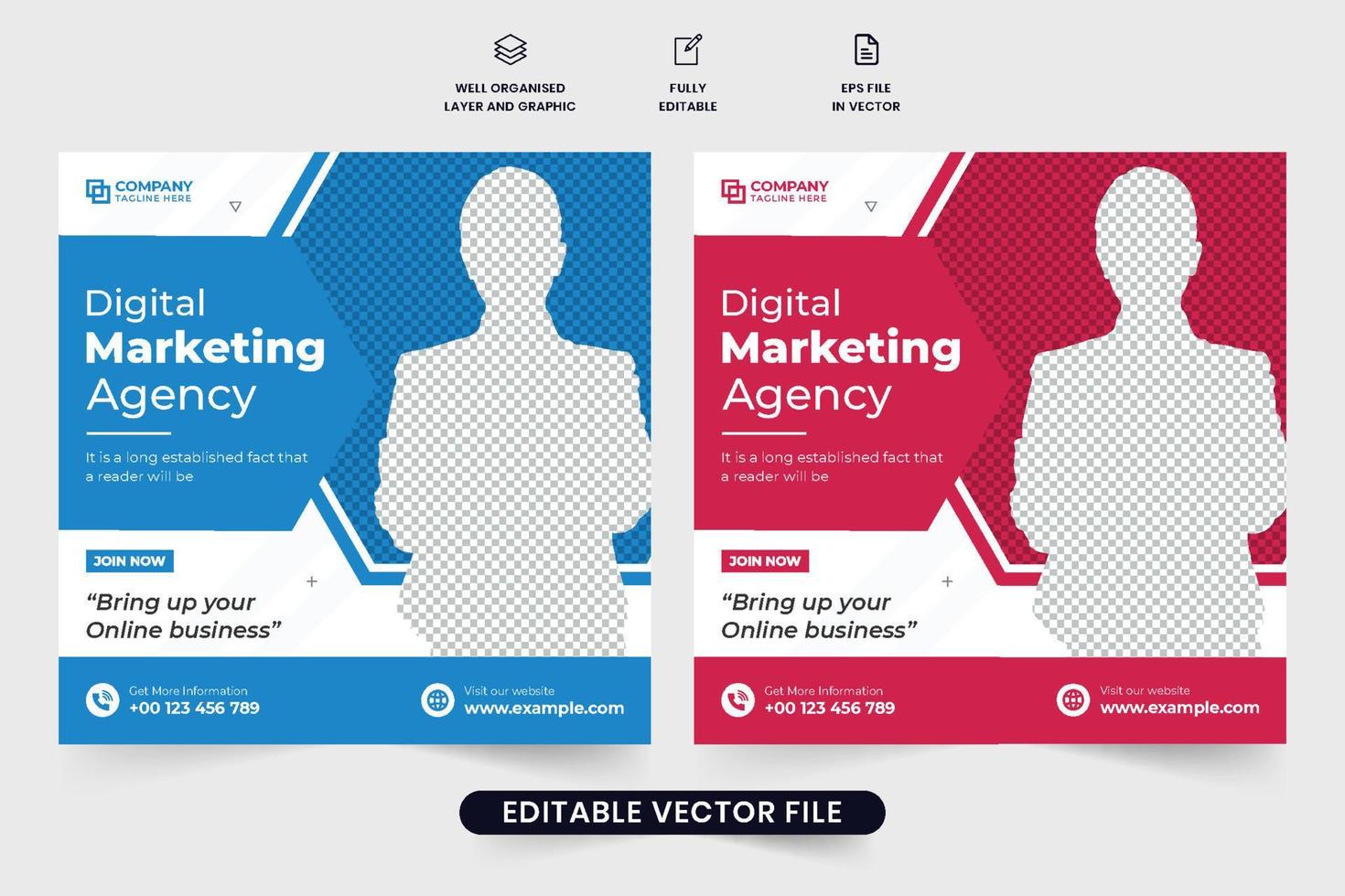 bedrijf adviseur en afzet agentschap promotionele web banier ontwerp met meetkundig vormen. digitaal afzet sociaal media post vector met blauw en rood kleuren. zakelijke bedrijf advertentie poster.