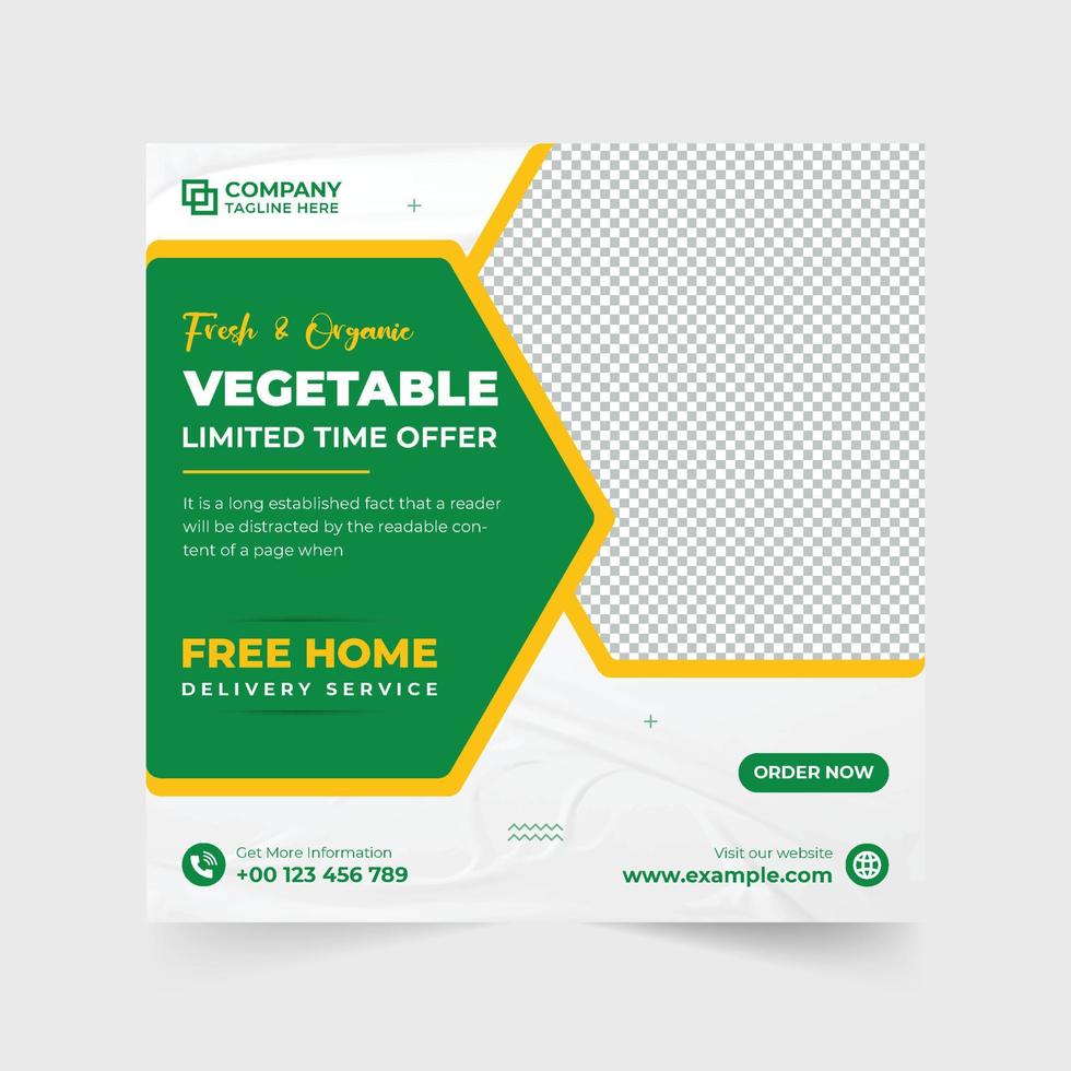 groente bedrijf advertentie poster ontwerp met creatief vormen. vers groente sociaal media post vector met foto tijdelijke aanduidingen. biologisch voedsel en groente bedrijf Promotie sjabloon.