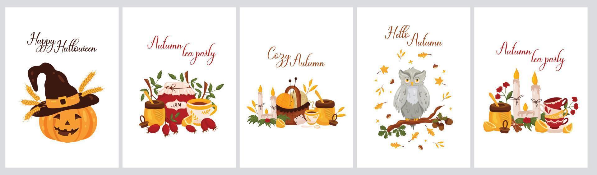 thee partij herfst ansichtkaarten reeks met pompoen, uil, jam, kaarsen en honing vector