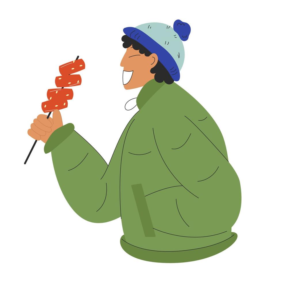 gelukkig jong Mens in winter kleren eten tteokbokki Aan stok - Koreaans nationaal taart. voedsel concept. vector voorraad illustratie geïsoleerd Aan wit achtergrond in vlak stijl