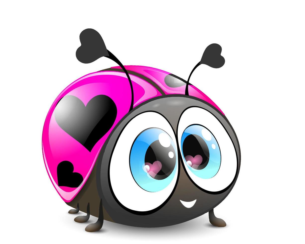 grappig schattig tekenfilm glimlachen roze lieveheersbeestje met blauw ogen en harten vlekken. vector