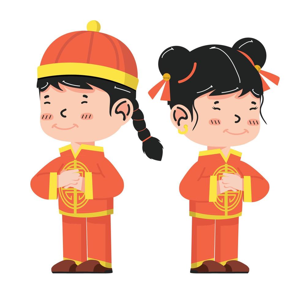Chinese kind meisje en jongen tekenfilm groet houding vector