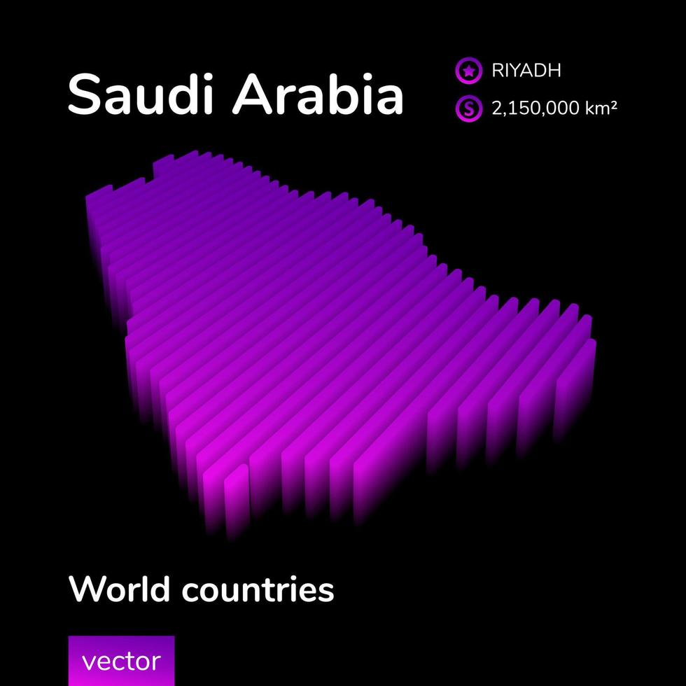 saudi Arabië 3d kaart. gestileerde neon digitaal isometrische gestreept vector kaart van saudi Arabië in paars en roze kleuren Aan de zwart achtergrond